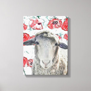 Niedliche Merino Sheep Animal Red Poppy Blume Leinwanddruck