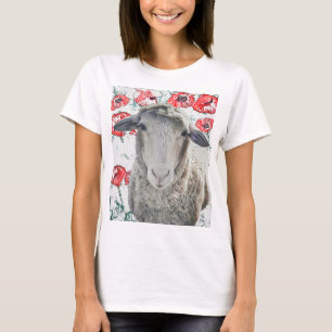 Niedliche Merino Sheep Animal Red Poppy Blume T-Shirt