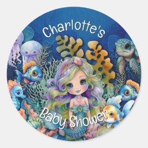 Niedliche Mermaid Baby Dusche Einladung Runder Aufkleber