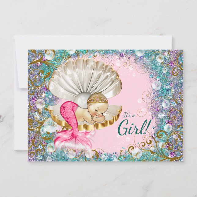 Niedliche Mermaid Baby Shower Einladungen (Vorderseite)
