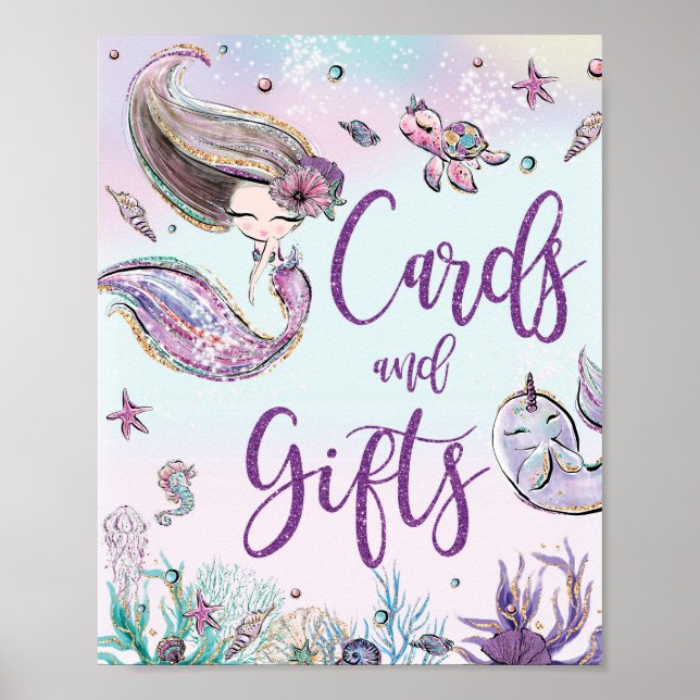 Niedliche Mermaid Birthday Baby Duschkarten & Gesc Poster (Vorne)