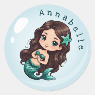 Niedliche Mermaid Brown Hair Green Eyes personalis Runder Aufkleber