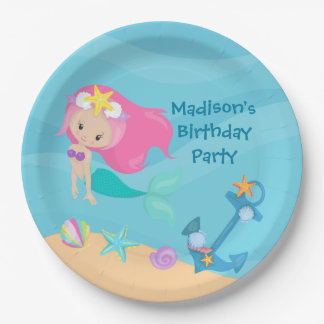 Niedliche Mermaid Girl Beach Custom Kind Geburtsta Pappteller