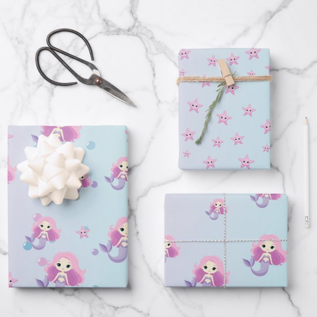 Niedliche Mermaid Girl Birthday Party Geschenkpapier Set (Vorderseite)