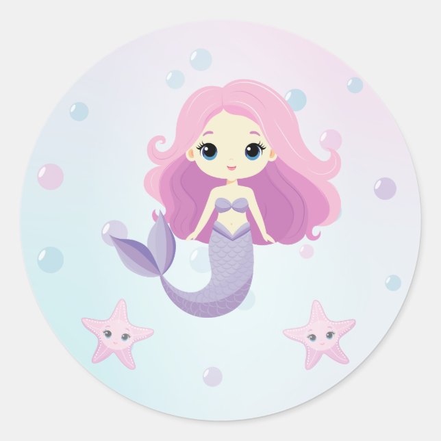 Niedliche Mermaid Girl Birthday Party Runder Aufkleber (Vorderseite)