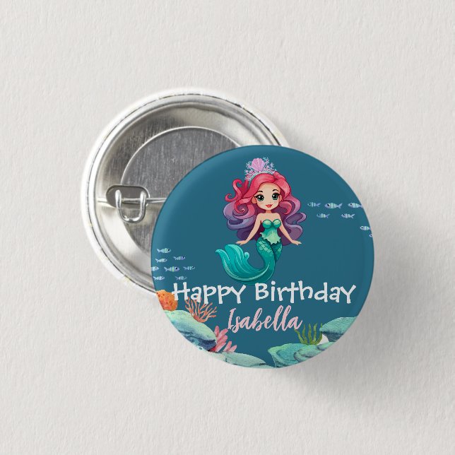 Niedliche Mermaid Rainbow farbige Krone Geburtstag Button (Vorne & Hinten)