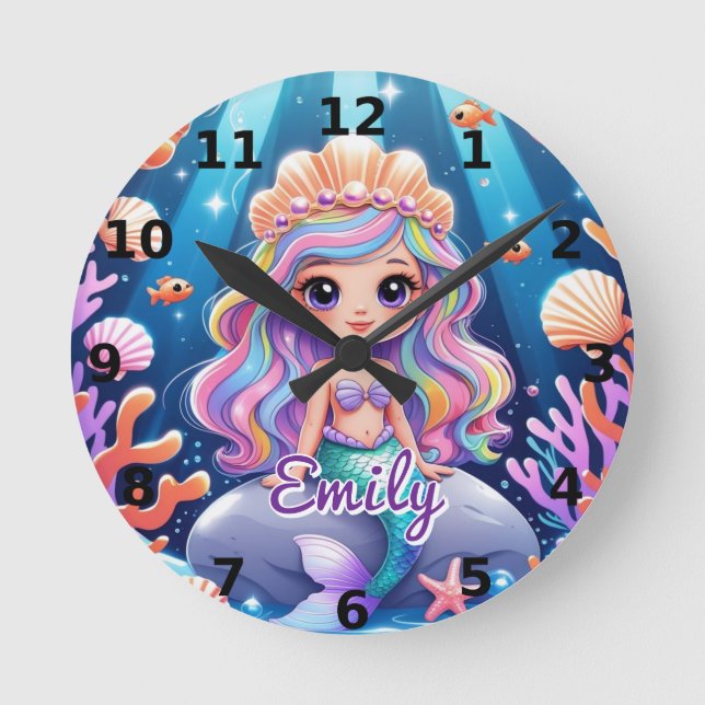 Niedliche Mermaid-Wall-Uhr - bearbeitbarer Name Runde Wanduhr (Vorderseite)