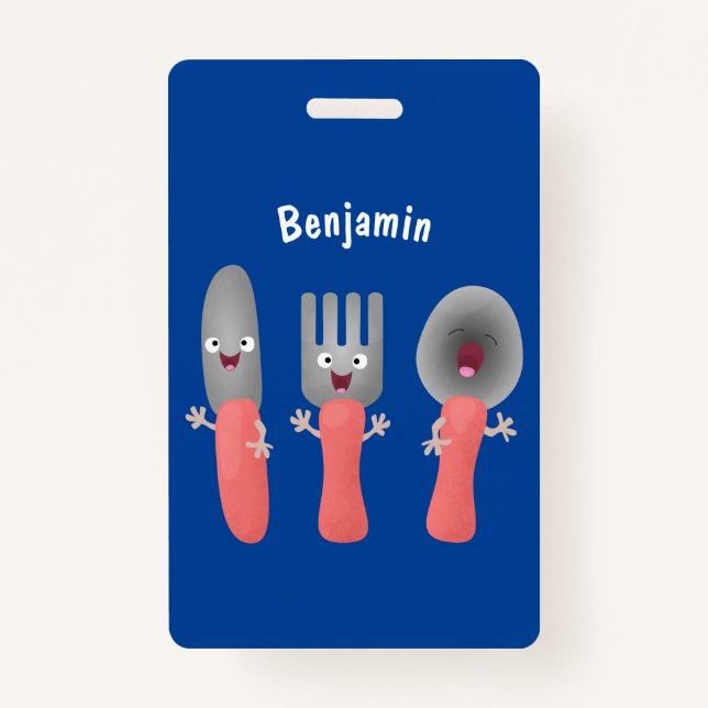 Niedliche Messergabel und Löffelbesteck Cartoon Ausweis (Vorderseite)