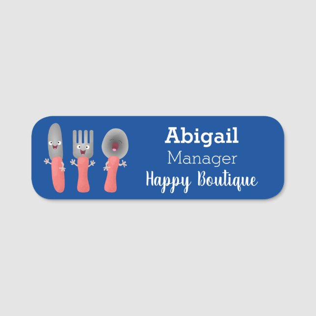 Niedliche Messergabel und Löffelbesteck Cartoon Namensschild (Vorderseite)