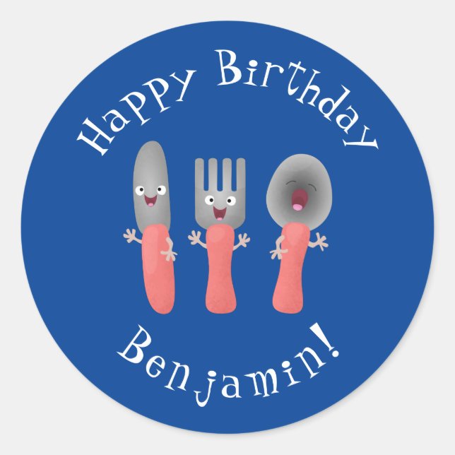 Niedliche Messergabel und Löffelbesteck Cartoon Runder Aufkleber (Vorderseite)