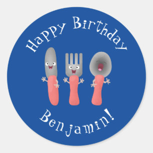 Niedliche Messergabel und Löffelbesteck Cartoon Runder Aufkleber