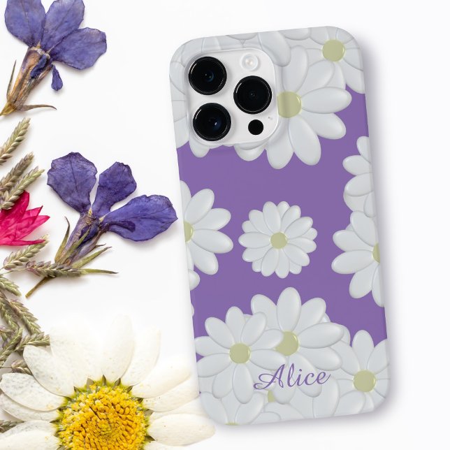 Niedliche Milchsorten Name Lila White Daisy Muster Case-Mate iPhone Hülle (A pretty purple and white daisy pattern phone case with space for your name)
