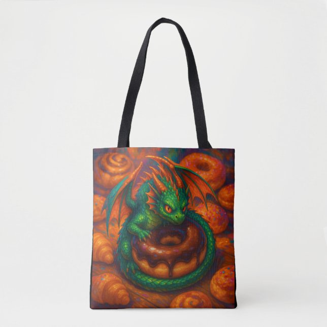 Niedliche Mini Green Dragon & Donut Fantasy Art (Vorderseite)