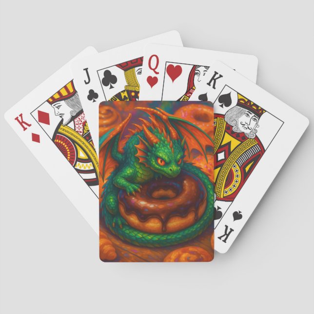 Niedliche Mini Green Dragon & Donut Fantasy Art Spielkarten (Rückseite)