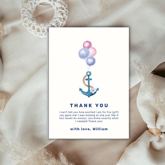 Niedliche Minimal Nautical Anchor Balloon Babydusc Dankeskarte (Cute Minimal Nautical Anchor Balloon Baby Shower Thank You Card)