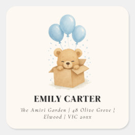 Niedliche Minimalistische Blue Balloon Bärenjunge Quadratischer Aufkleber