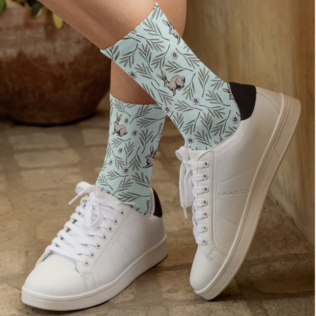 Niedliche Minzbunny und Blätter Natur Socken (Cute Mint Bunnies and Leaves Nature Socks, Hand-Drawn in Black Ink for Easter, Animal Lovers, Spring)