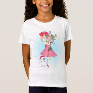 Niedliche Mode-Girl mit Mops und Blume T-Shirt