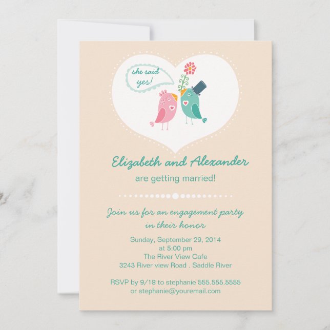 Niedliche Modern Love Birds Herzinfarkt Einladung (Vorderseite)