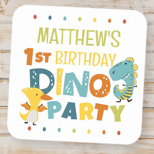 Niedliche moderne Dino Dinosaur Kid's Geburtstagsp Quadratischer Aufkleber