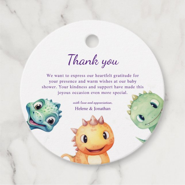 Niedliche moderne Dinosaurier Babydusche Geschenkanhänger (Vorderseite)