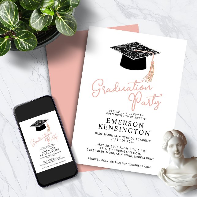 Niedliche Moderne Feminine Graduation Party Einladung (Cute Modern Feminine Graduation Party Invitation with Instant Digital Download Option)