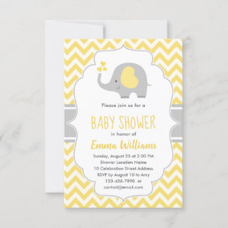 Niedliche moderne, gelb-graue Elephant Babydusche Einladung