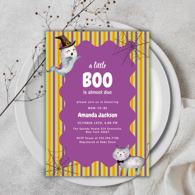 Niedliche moderne kleine Boo Ghost Cat Kinderdusch Einladung (Cute Modern A Little Boo Ghost Cat Baby Shower Invitation)
