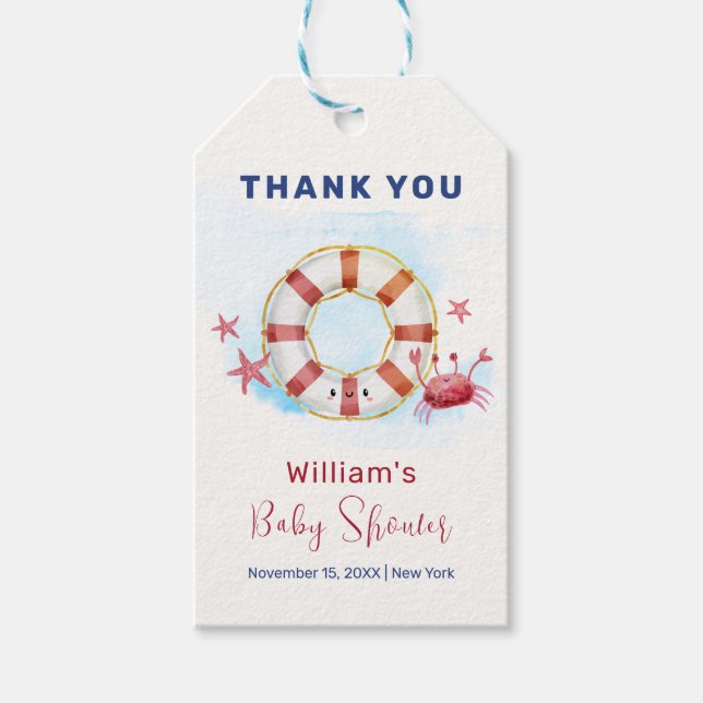 Niedliche moderne Nautical Crab Starfish Babydusch Geschenkanhänger (Vorderseite)