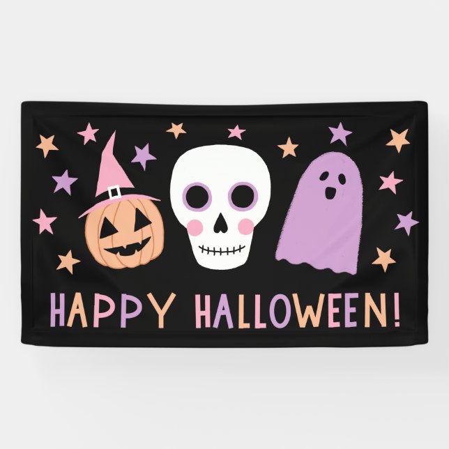 Niedliche moderne Pastel Skull Ghost Happy Hallowe Banner (Horizontal)