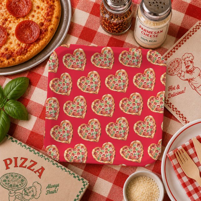 Niedliche moderne Pizza mit Roter Herzform Pappteller (Cute Modern RedHeart Shaped Pizza Paper Plates)