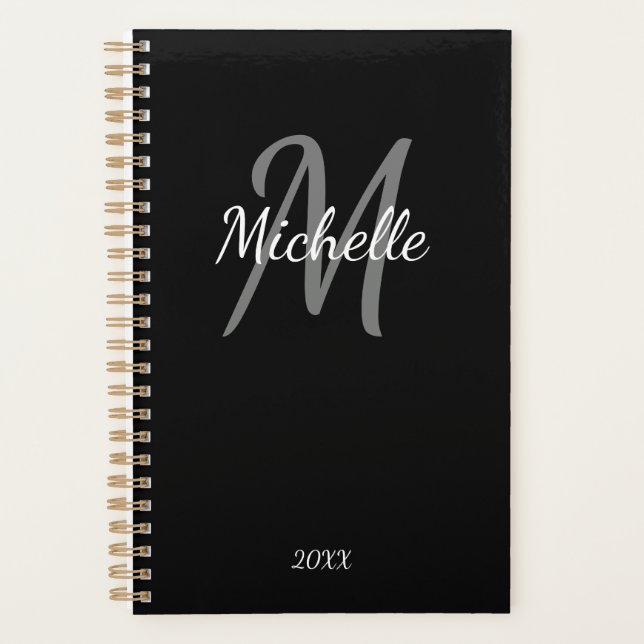 Niedliche, moderne Schwarz-Weiß-Monogramm Planer (Vorderseite)