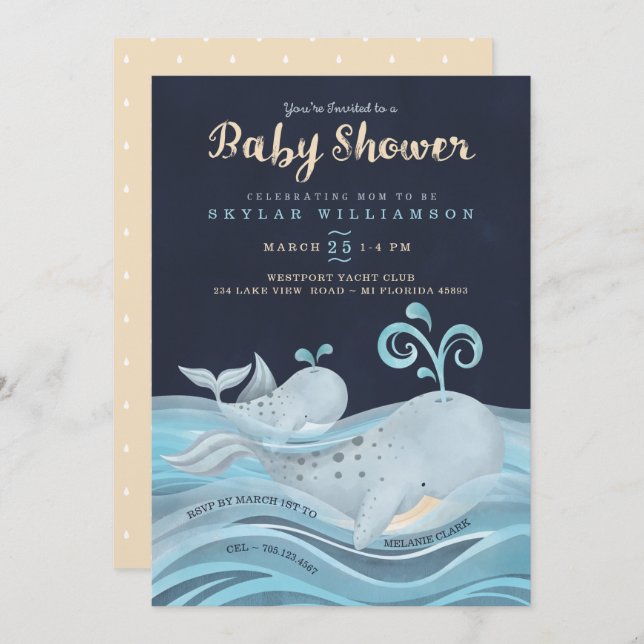 Niedliche Mommy & Baby Whale Nautical Baby Dusche Einladung (Vorne/Hinten)