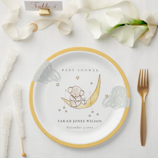 Niedliche Mondstars Elephant Bunny Neutral Baby Sh Pappteller (Hochzeit)