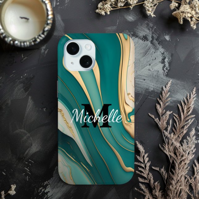 Niedliche Monogram Aqua Gold Fluid Art Marmorästhe Case-Mate iPhone Hülle (Monogram Aqua and Gold Marble Sleek - Choose Your Phone Type)