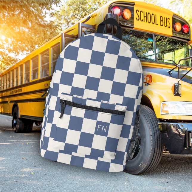 Niedliche Monogramm-Initialen und Blue Checkerboar Bedruckter Rucksack (Von Creator hochgeladen)