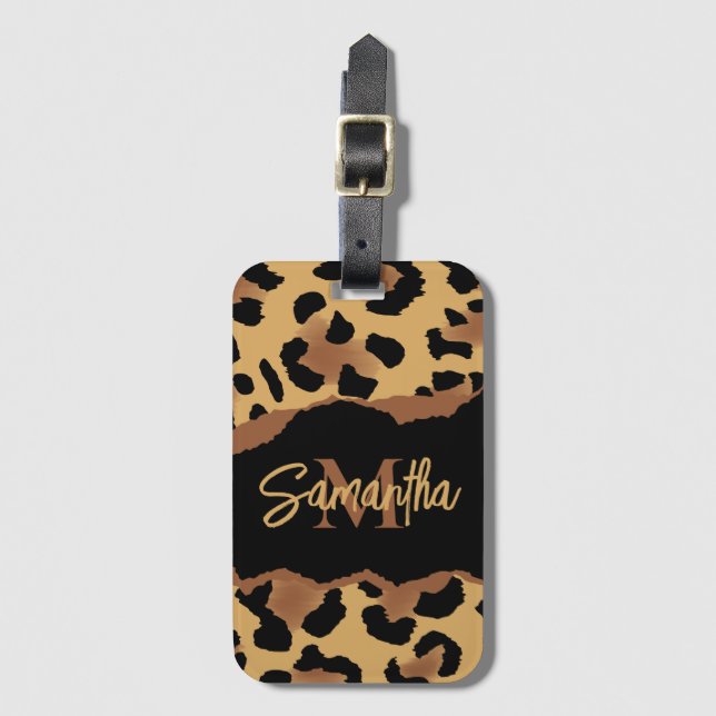 Niedliche Monogramm-Leopardrucke Gepäckanhänger (Vorderseite Vertikal)