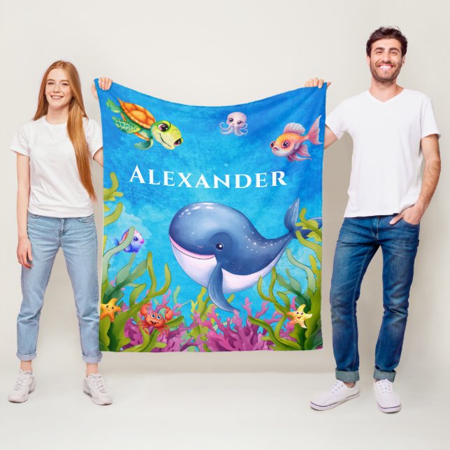 Niedliche Monogramm Name Küstenschildkröte und Wal Fleecedecke (Beispiel)