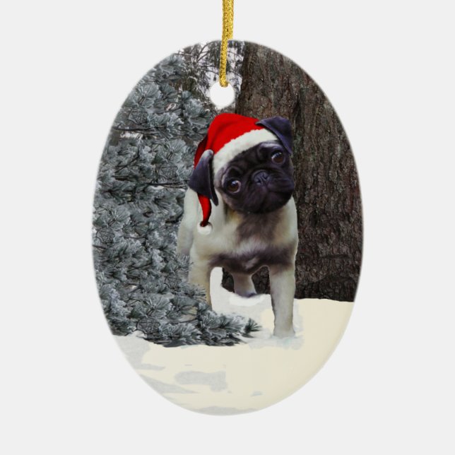 Niedliche Mops-Welpen-Weihnachtsverzierung #2 Keramikornament (Vorne)