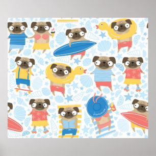 Niedliche Möpsen im Urlaub. Muster mit Cartoon Mop Poster