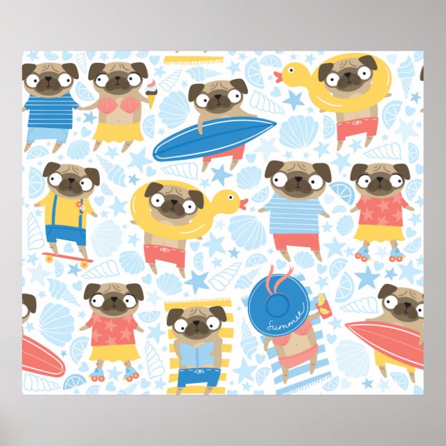 Niedliche Möpsen im Urlaub. Muster mit Cartoon Mop Poster (Vorne)