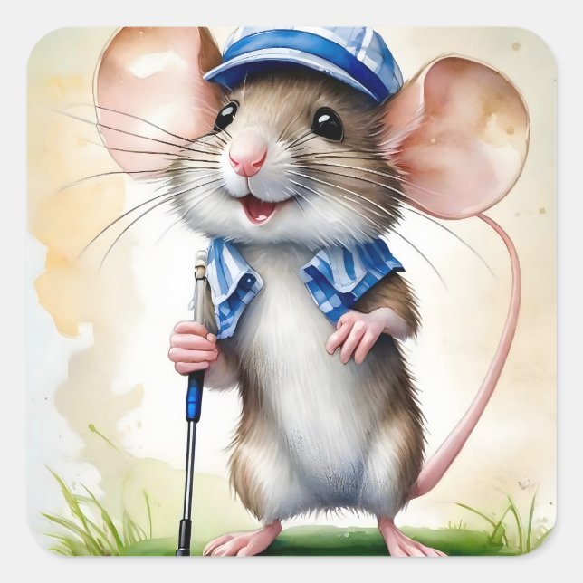 Niedliche Mouse Golf Quadratischer Aufkleber (Vorderseite)