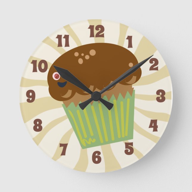 Niedliche Muffin Time Cartoon Frühstücksmaskot Runde Wanduhr (Vorderseite)