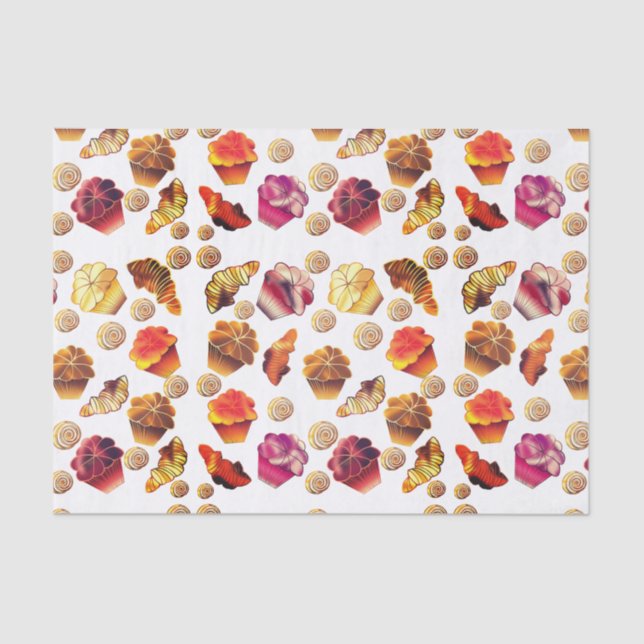 Niedliche Muffins, Croissants und Zimtrollen Seidenpapier (Vorderseite)