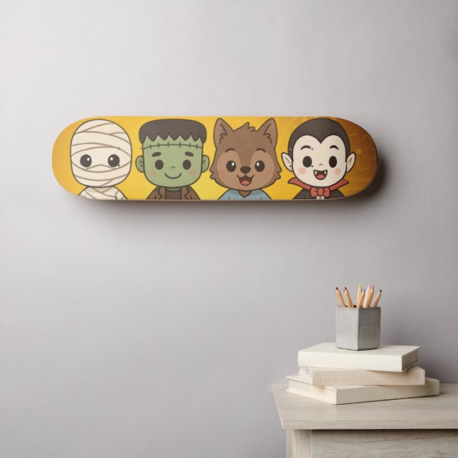 Niedliche Mumie, Frankenstein, Dracula, Werwolf Skateboard (Wandkunst (Horz))