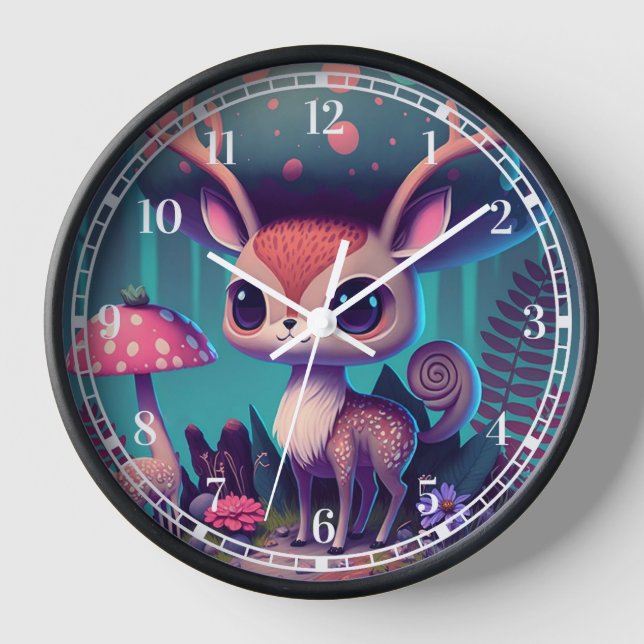 Niedliche Mushroom Deer Fantasy Art Uhr (Vorderseite)