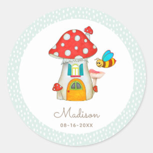 Niedliche Mushroom Hütte Fantasy Woodland Geburtst Runder Aufkleber