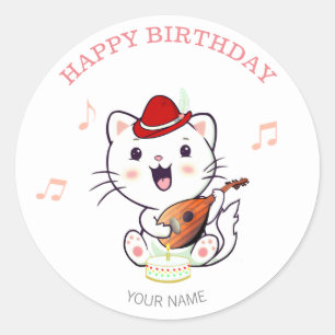 Niedliche Musikkatze mit Mandolin zum Geburtstag Runder Aufkleber