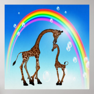 Niedliche Mutter & Baby Giraffe & Regenbogen Poster