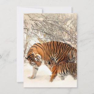 Niedliche Mutter Tiger mit Baby im Schnee Dankeskarte